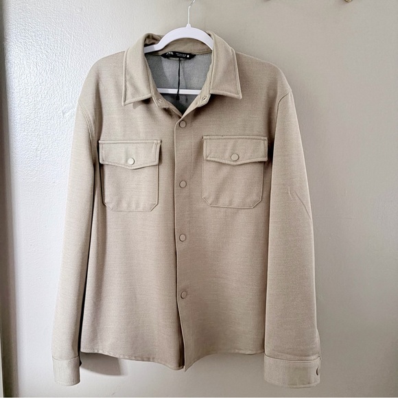 NWT Zara Textured Ottoman Overshirt Shacket Beige L - Picture 3 of 10